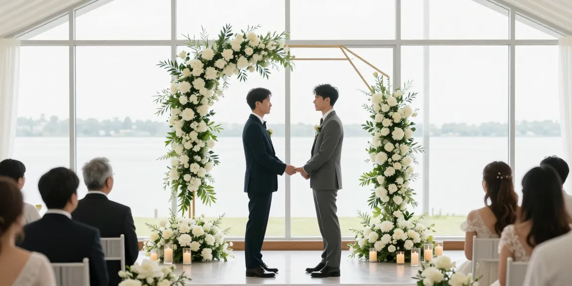 Couple celebrating their wedding ceremony at a beautiful venue, featuring rokok88 login for easy planning.