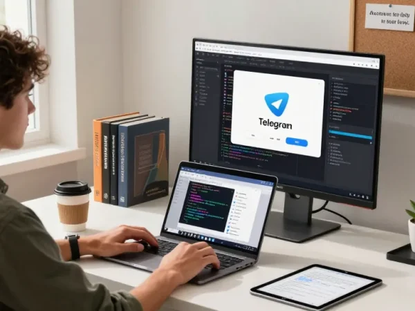 Explore telegram中文 app development in a modern workspace with coding tools and design mockups.