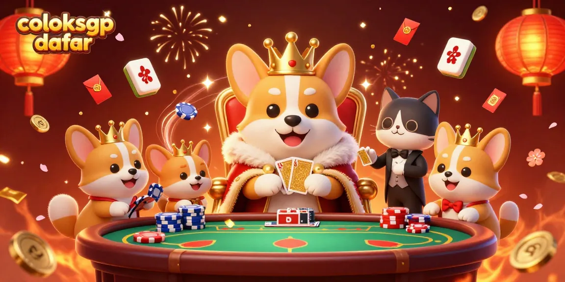 Coloksgp daftar showcases a vibrant poker scene with a royal corgi and festive elements.