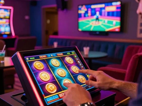 Player enjoying Slot Pulsa on mobile device in a vibrant online casino.