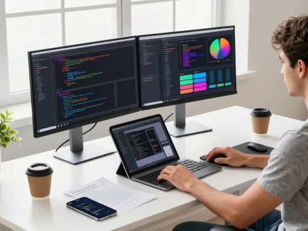 Efficient workspace showcasing Snipaste software for 截图软件下载, featuring dual monitors, coding tools, and a modern office setting.