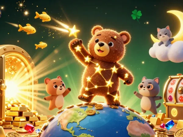 Aussie online casinos spotlight 3D characters, slot reels, and dazzling treasures in a vibrant scene