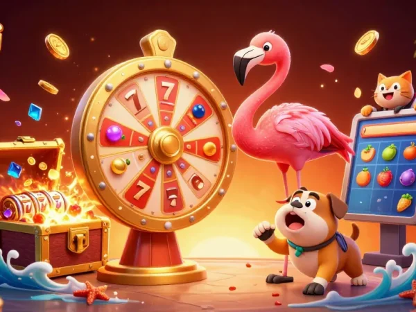 Pemain meraih jackpot di situs judi slot dengan gembira, dikelilingi peti harta karun dan simbol permainan yang menarik