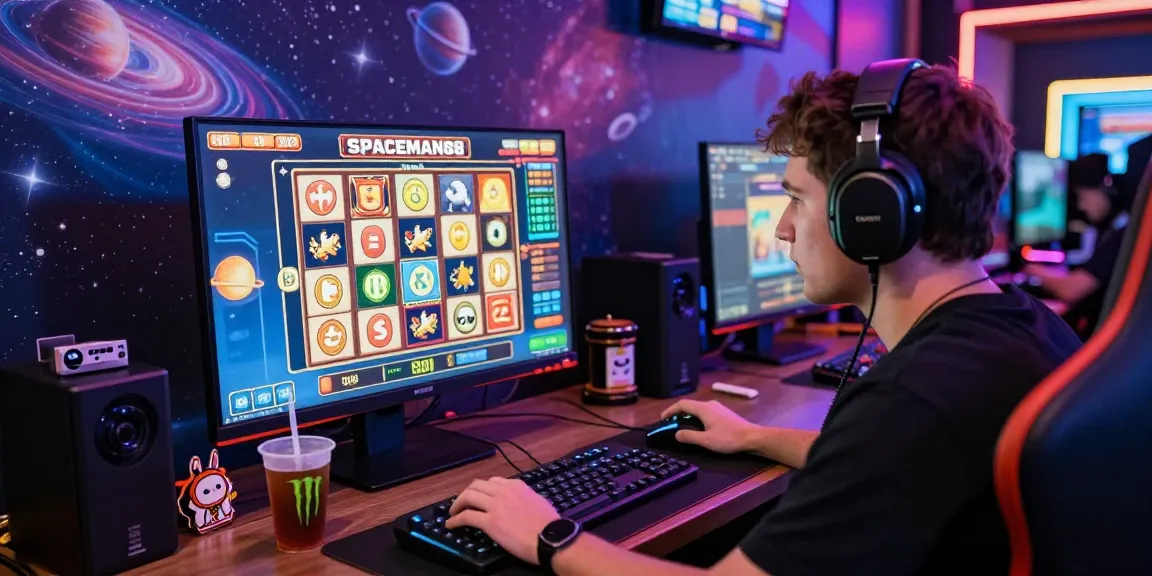 Player engaging with Spaceman88 slot game in a vibrant, cosmic-themed gaming setup, showcasing excitement and immersive online gaming.