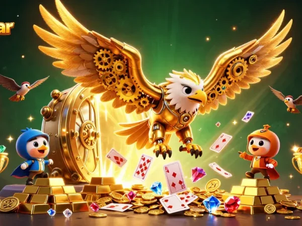 Engage with slotbesar as the golden eagle soars amidst vibrant casino treasures, showcasing dynamic gameplay.