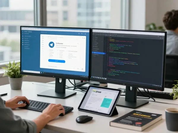 Professional workspace featuring 纸飞机中文版 applications on monitors, showcasing efficient tech development.