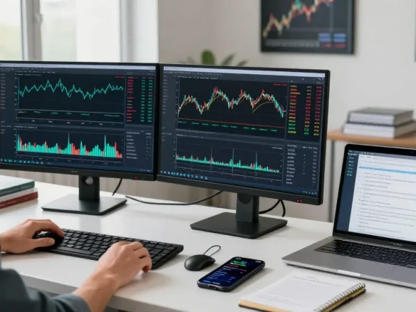 Trader using MetaTrader 5 in a modern office, analyzing market charts and executing trades.