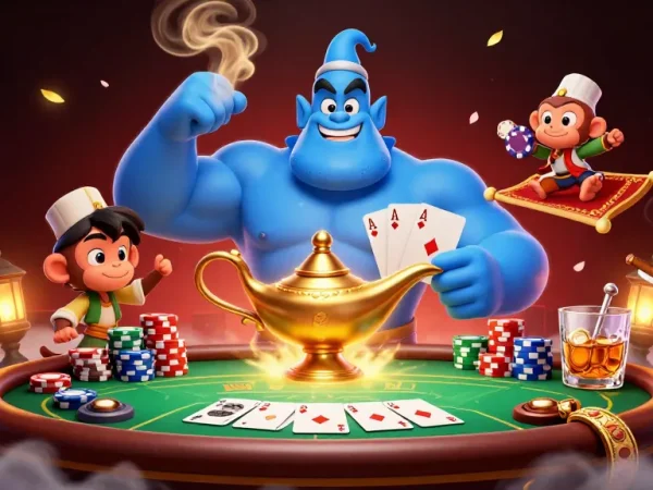 M88 link showcases an exciting casino scene with a genie, monkey, and poker chips, bringing thrilling gaming action.