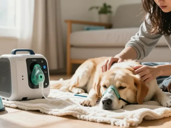 Helping a dog with Pet Oxygen using portable concentrator in a cozy home setting