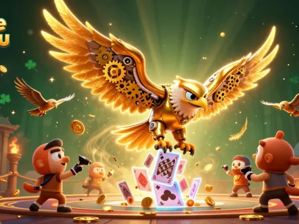Experience the thrill of deneme bonusu in a vibrant 3D casino scene featuring a golden eagle and holographic cards.