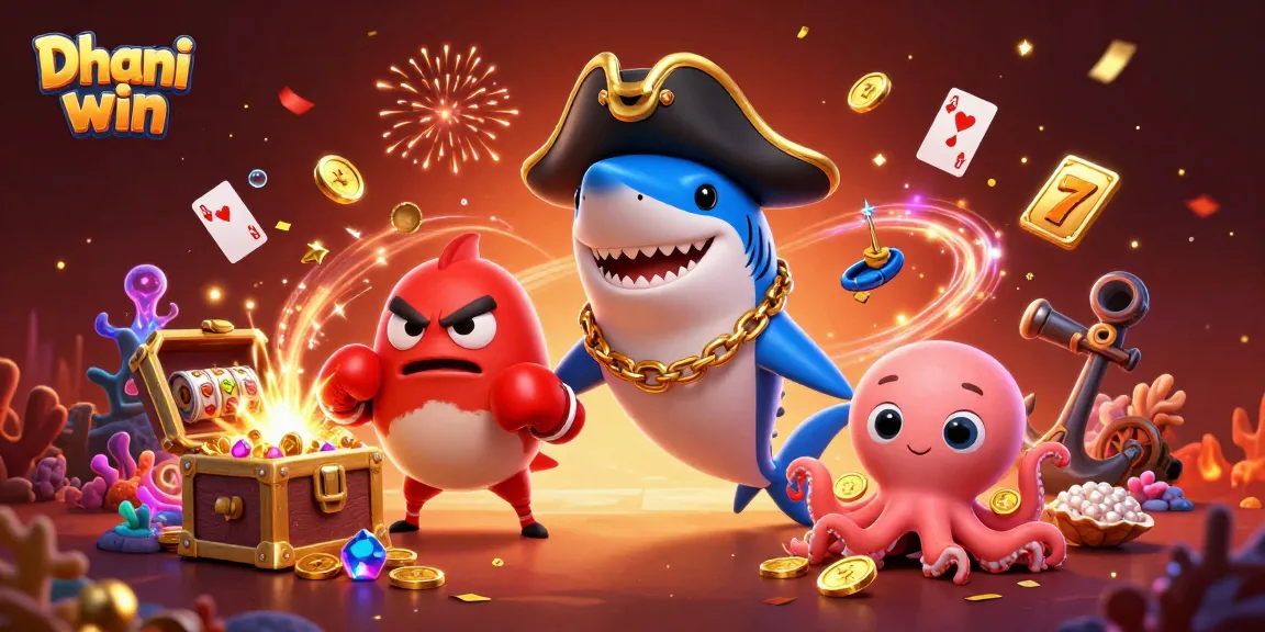 Dhani win showcases thrilling slot games with a cartoon shark, pufferfish, and octopus celebrating wins.