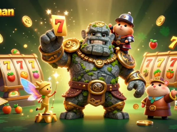 Spaceman's slot adventure featuring a golem, fairy, and hamster knight with thrilling jackpot elements.