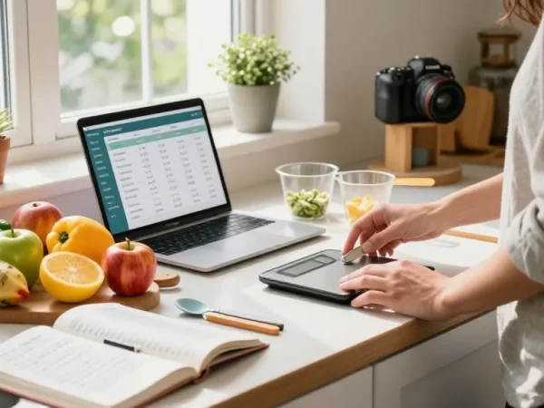 Health-conscious person using the best food tracker while preparing healthy ingredients in a sunny kitchen.