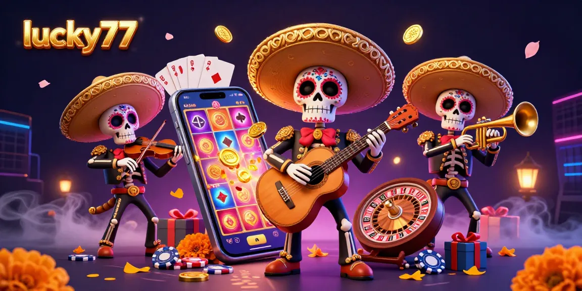 Spin to win with lucky77 in a vibrant casino scene featuring mariachi skeletons and dynamic gaming elements.