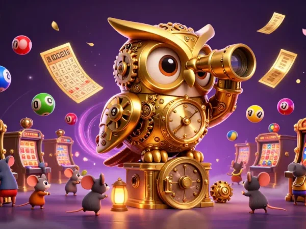 Experience thrilling bets at go8 with a 3D cartoon golden owl scanning for jackpot opportunities amidst a bustling casino.