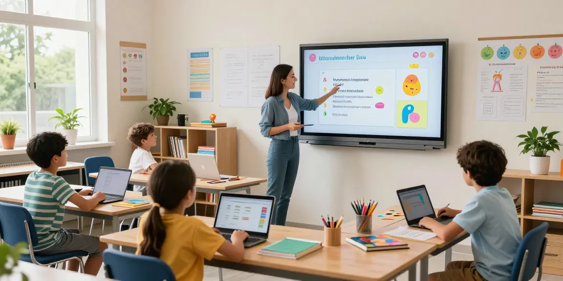 Dynamic classroom scene illustrating an online teacher planner, engaging students using EMStudio for collaborative learning.