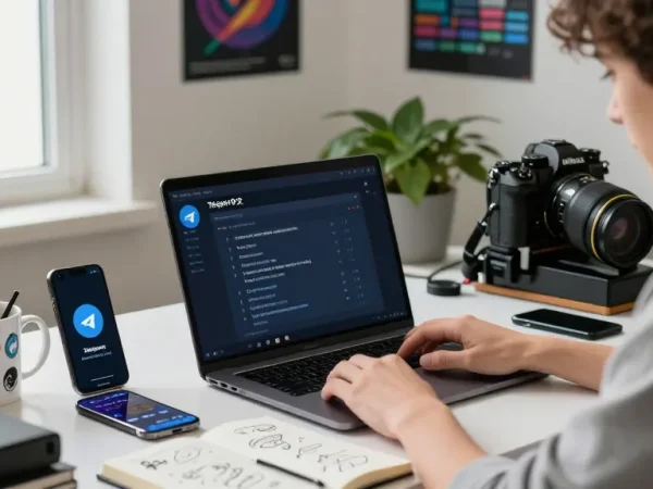 User customizing Telegram settings with telegram中文 in a lively tech workspace