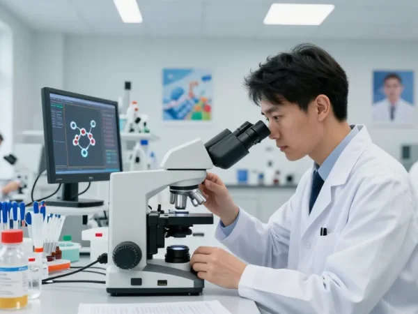Researcher examining SwissChems Peptides in a modern lab.