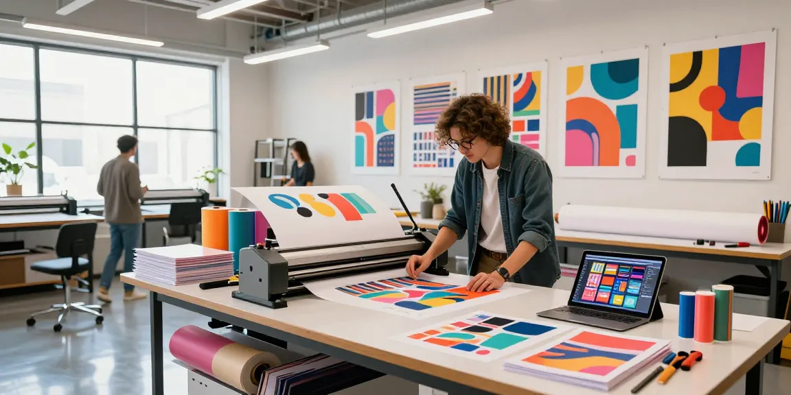 Creative workspace with poster making machines, vibrant prints, and a designer at work