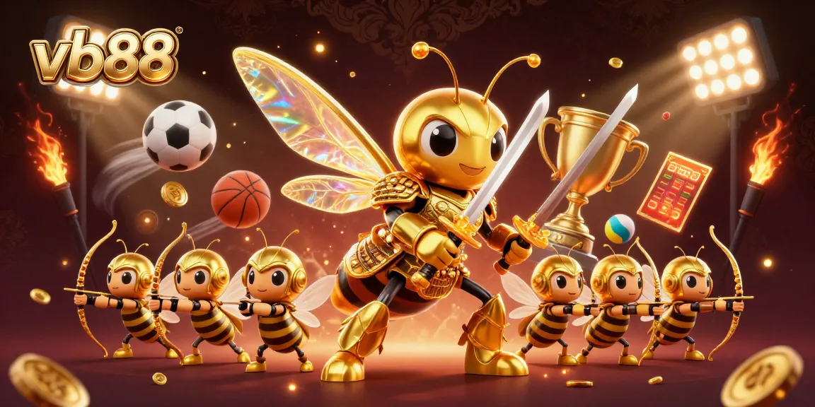 vb88 showcases a dynamic 3D illustration of a hornet samurai and sports-themed elements, emphasizing active betting excitement.