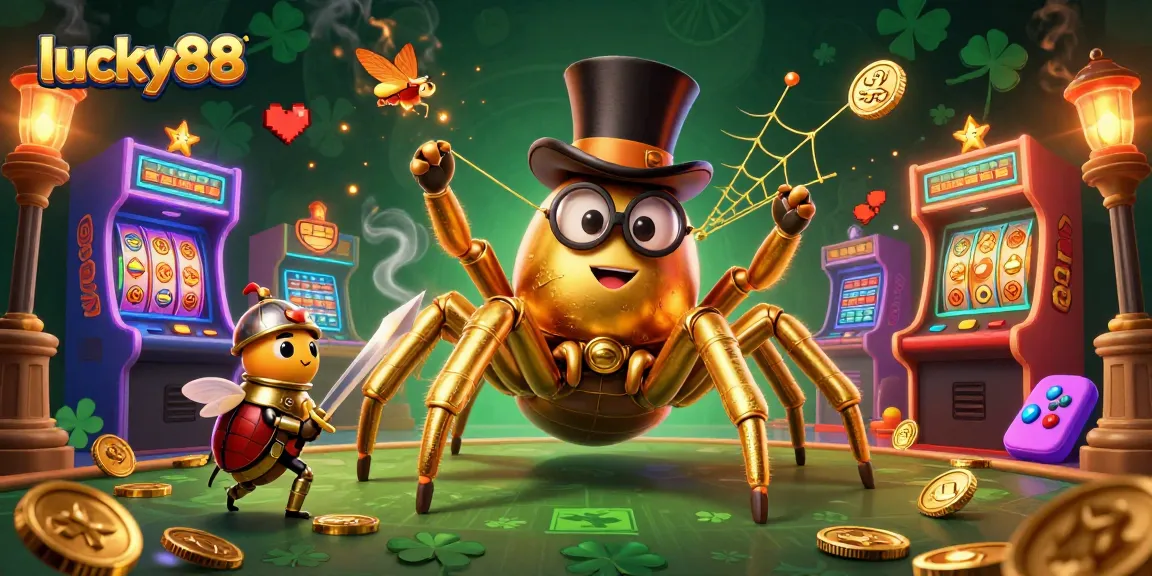 Engage with lucky88's vibrant gaming scene featuring a golden tarantula and beetle knight amid colorful slot elements.