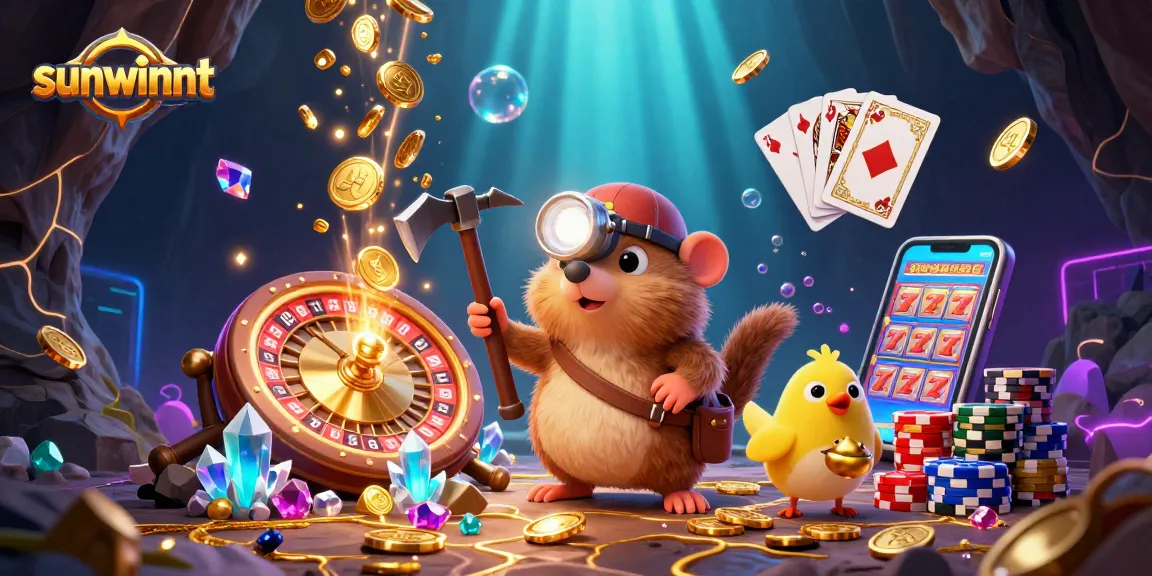 Win big at sunwinnt with a treasure hunting mole revealing golden nuggets and casino riches.