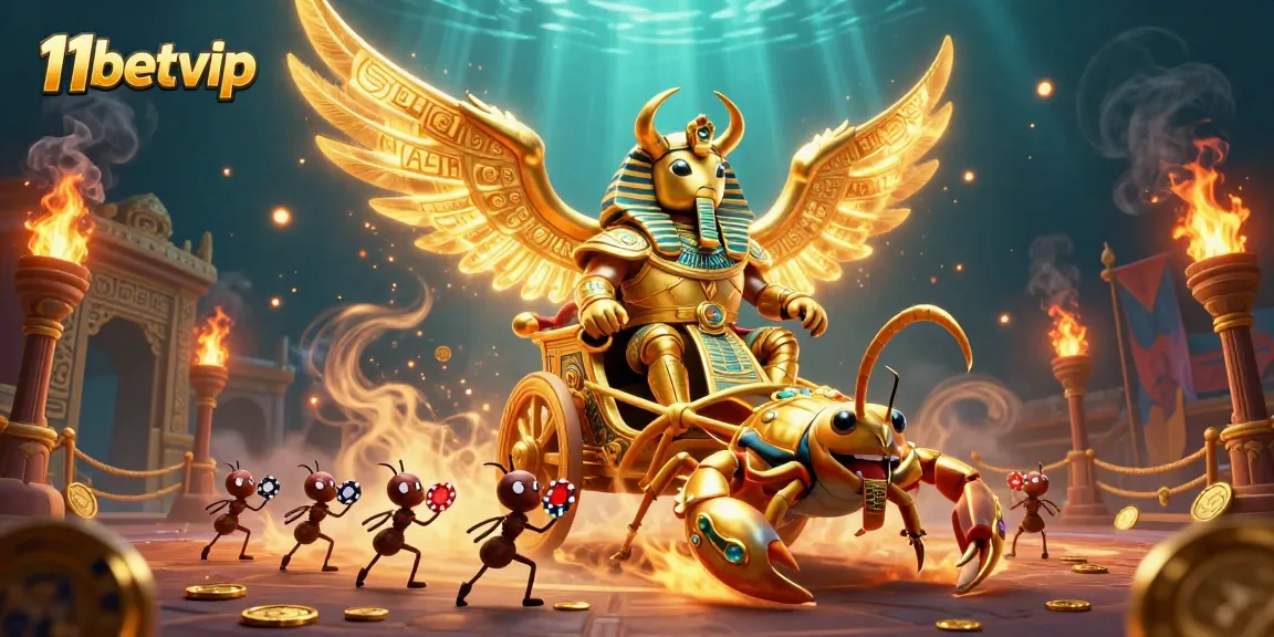 Experience thrilling casino action with 11betvip in this vibrant 3D illustration featuring a golden scarab and poker chips.