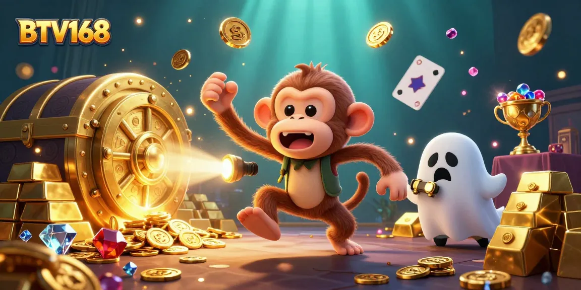 BTV168 showcases a mischievous monkey and ghost-hunter puppy amidst a vibrant haunted casino scene.
