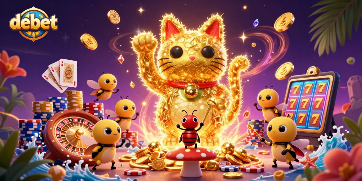 Experience the debet winnings with a vibrant lucky cat symbol and casino elements.