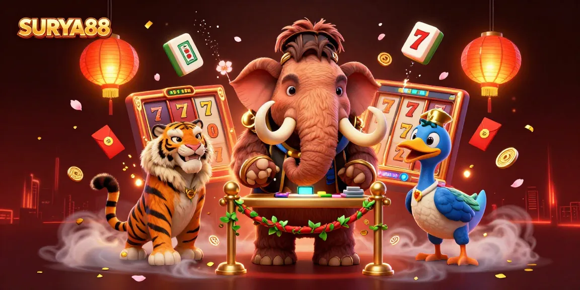 SURYA88 welcomes players with a vibrant casino scene featuring unique characters and festive decorations.