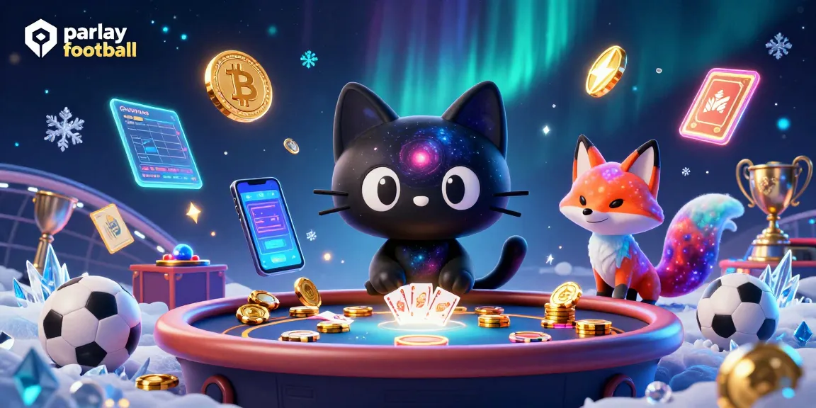 Engage in parlay football betting with vibrant cosmic elements and animated characters depicting thrilling action.