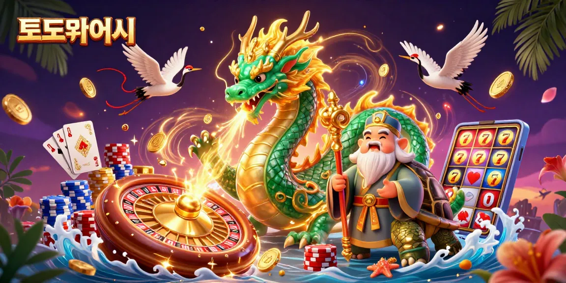 Engage with the 토토사이트 world, featuring a majestic dragon, wise turtle, and lucky cranes amidst golden gaming riches.
