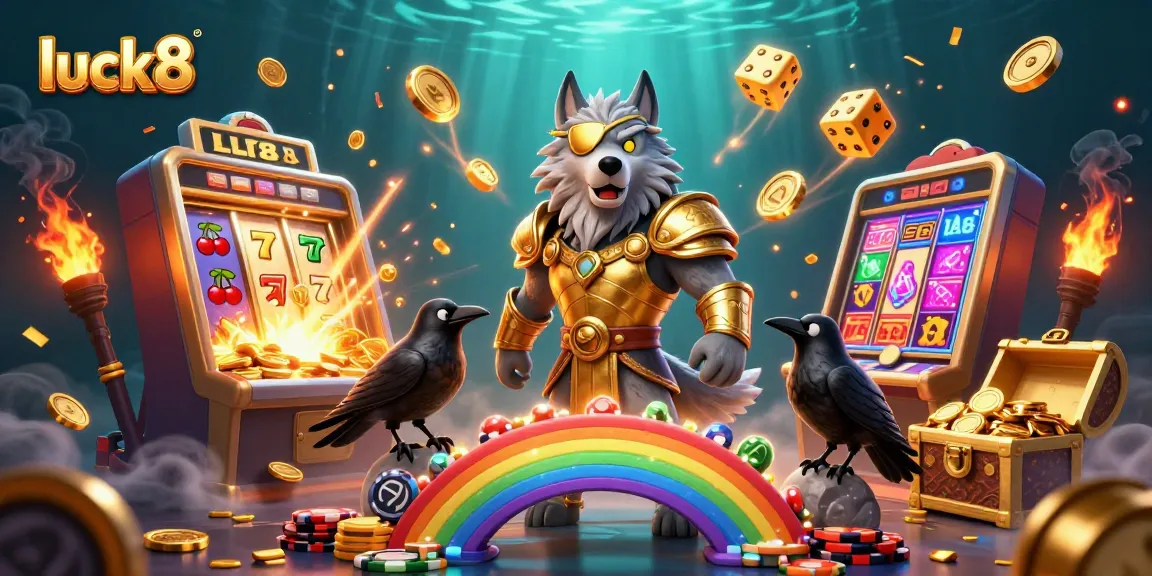 Experience the thrill of luck8 with Odin and ravens amidst a vibrant casino scene bursting with action.