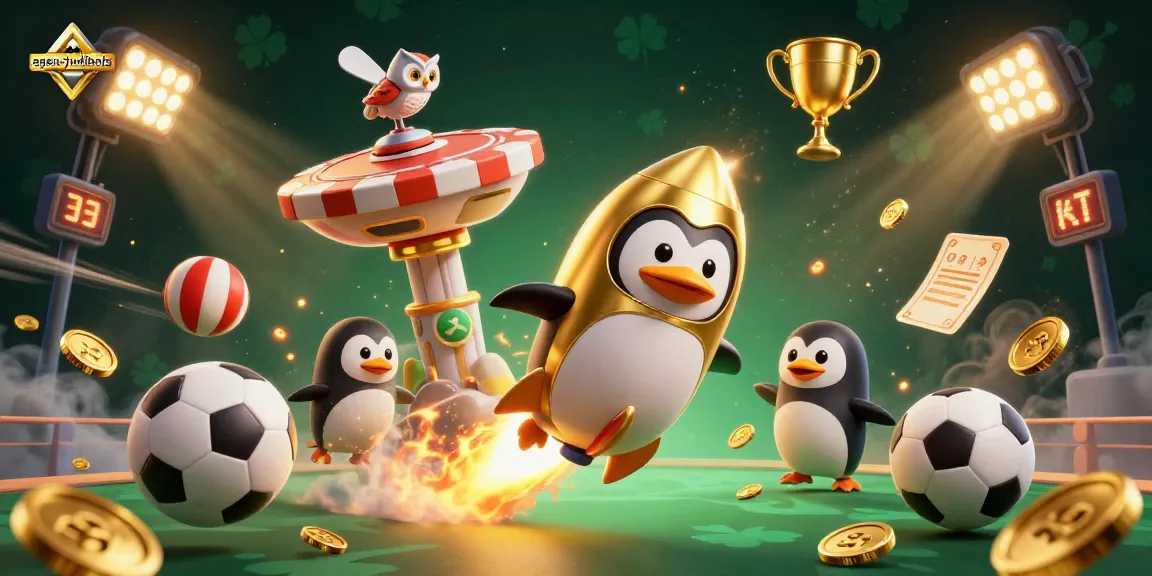 Engage in sports betting action with agen-judibola featuring a dynamic penguin and casino elements.