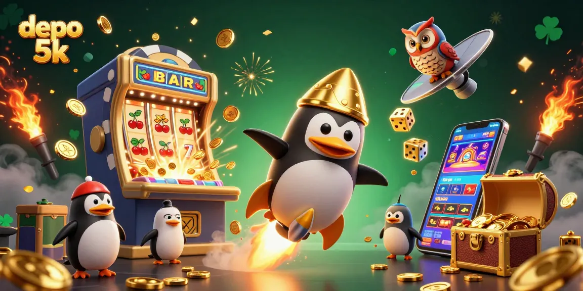 Win big with depo 5k at our vibrant casino illustration featuring dynamic game elements and characters.
