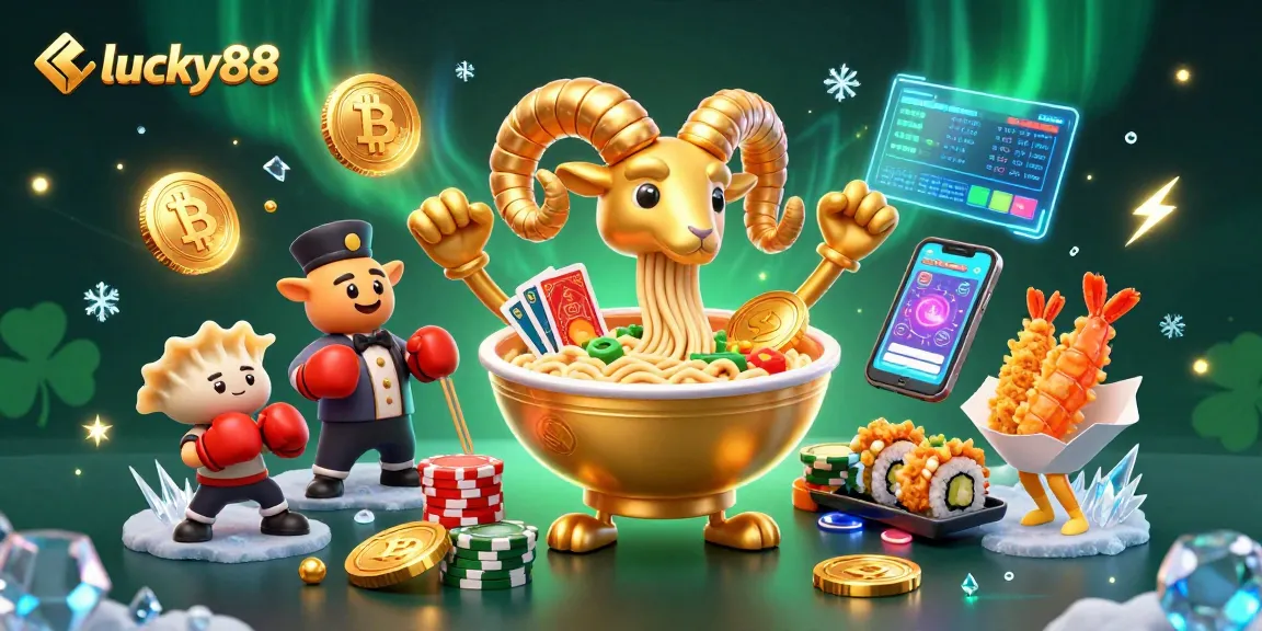 Join lucky88 as a giant ramen bowl and friends deliver thrilling card games in this vibrant casino scene.