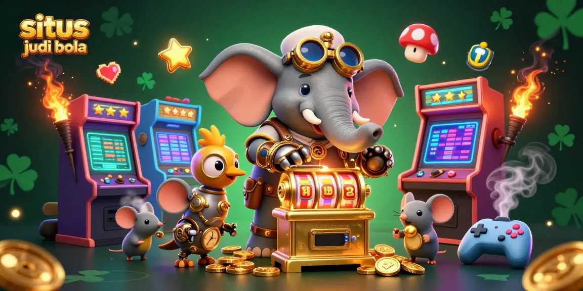 Engage in situs judi bola with a lively steampunk-themed illustration showcasing unique game elements.