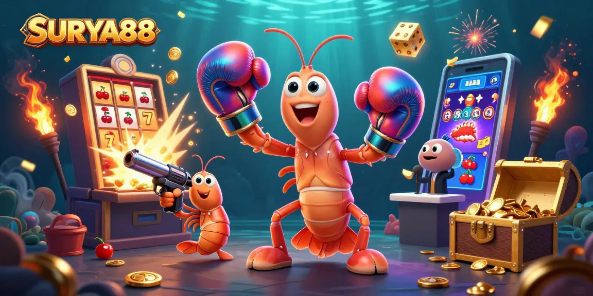 SURYA88 Jackpot explosion with animated characters celebrating big wins in an underwater casino scene.