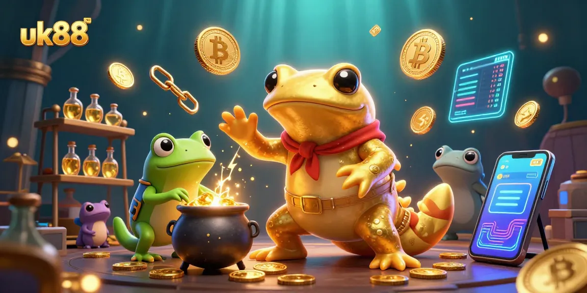 Engage with the thrilling world of uk88, featuring 3D characters transmuting gold and cryptocurrency elements.