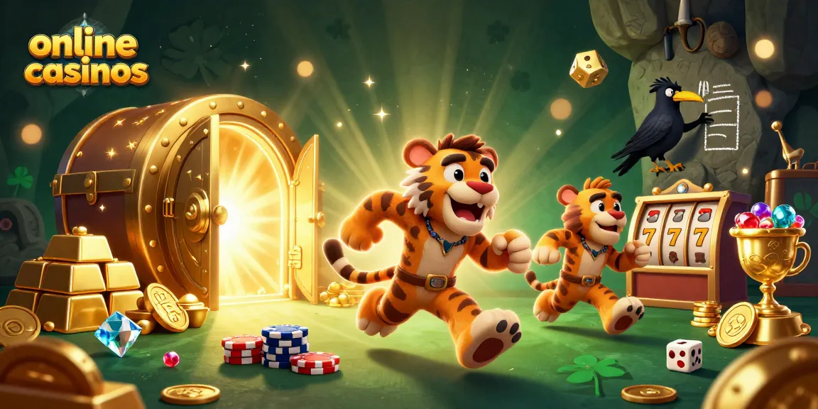 Experience thrilling online casinos with animated characters showcasing slot reels, treasures, and vibrant casino elements.