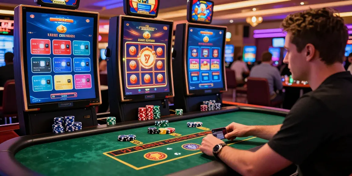Engaged player enjoying high-stakes games at credit card casinos with vibrant graphics and multiple screens showcasing popular titles.
