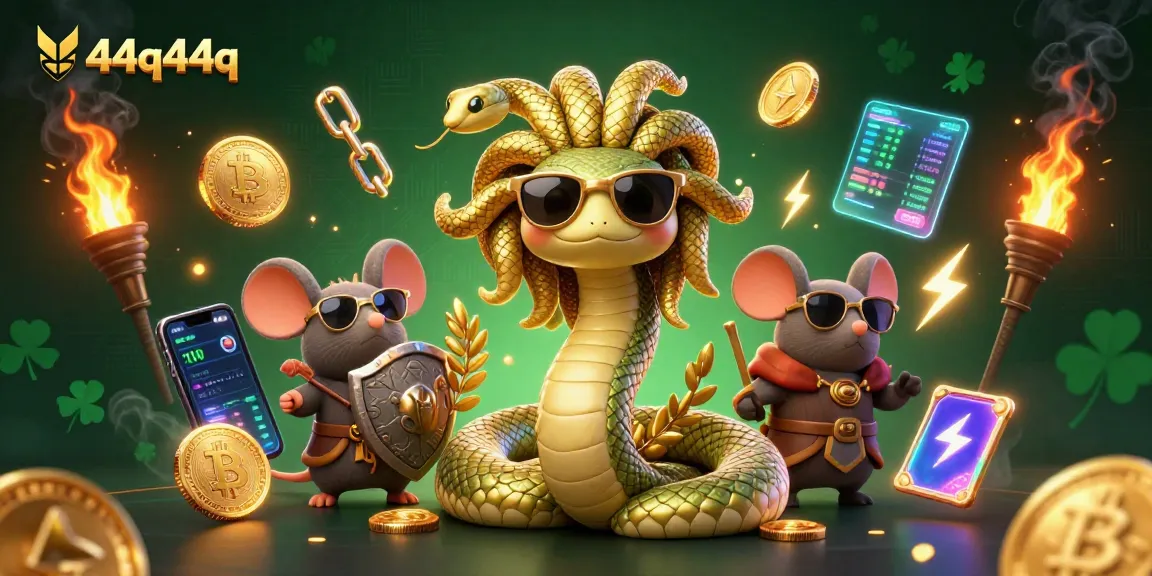 Atraia oportunidades no cassino 44q44q com Medusa e moedas de criptomoedas brilhantes.