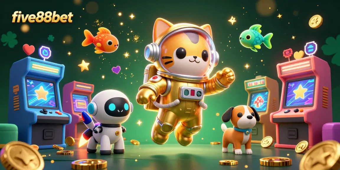 Experience the thrill of five88bet with a fun casino-themed 3D illustration featuring a space astronaut cat.
