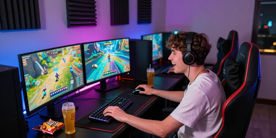 Engaged gamer at a vibrant NAGA2000 online gaming setup with colorful visuals and high-tech gear.