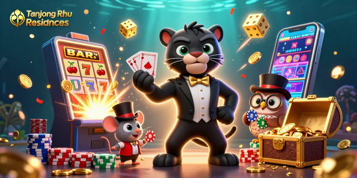 Tanjong Rhu Residences brings excitement to players with a vibrant casino scene featuring animated characters playing cards and enjoying jackpot wins.
