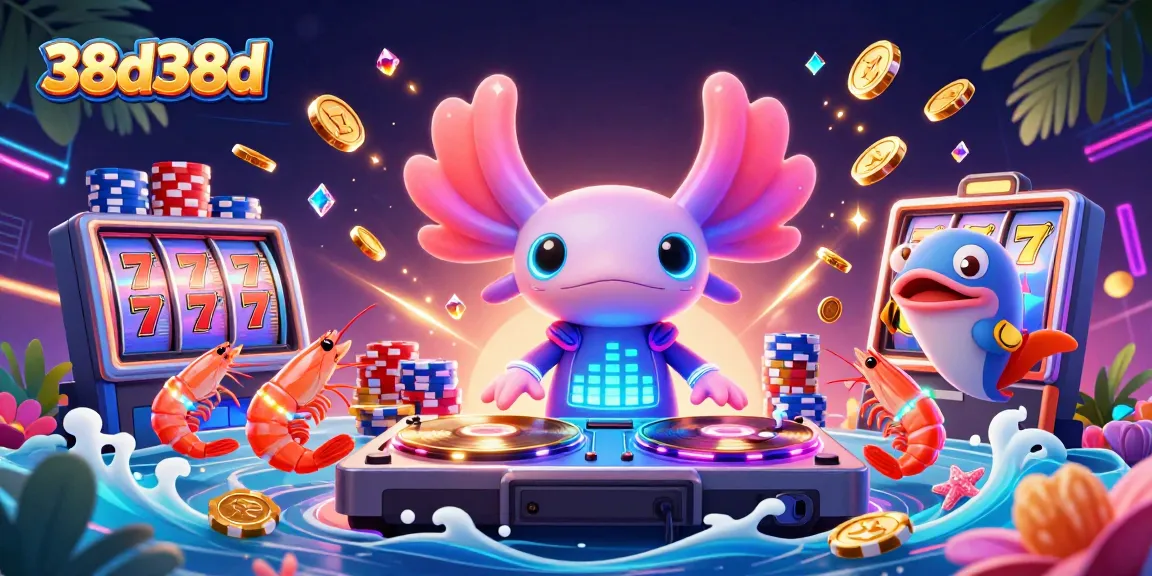 Ilustração 3D vibrante do 38d38d mostrando uma festa de cassino subaquático com criaturas dançantes e slots premiados.